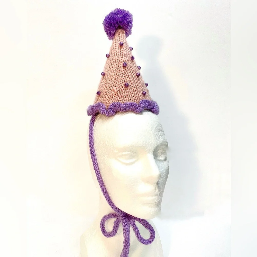 NWT Hand Knit Pink and Purple Party Hat with Faux Pearls One Size Fits Most